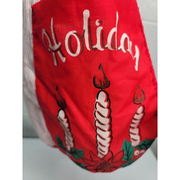Happy Holiday Half Apron With Two Pockets Red Stripes Handmade Vintage - Picture 3 of 6